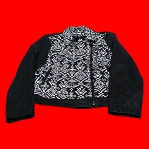 Halo Women's Jacket Short Black Faux Leather/Cotton Blend Geo Pattern Size XL/TG
